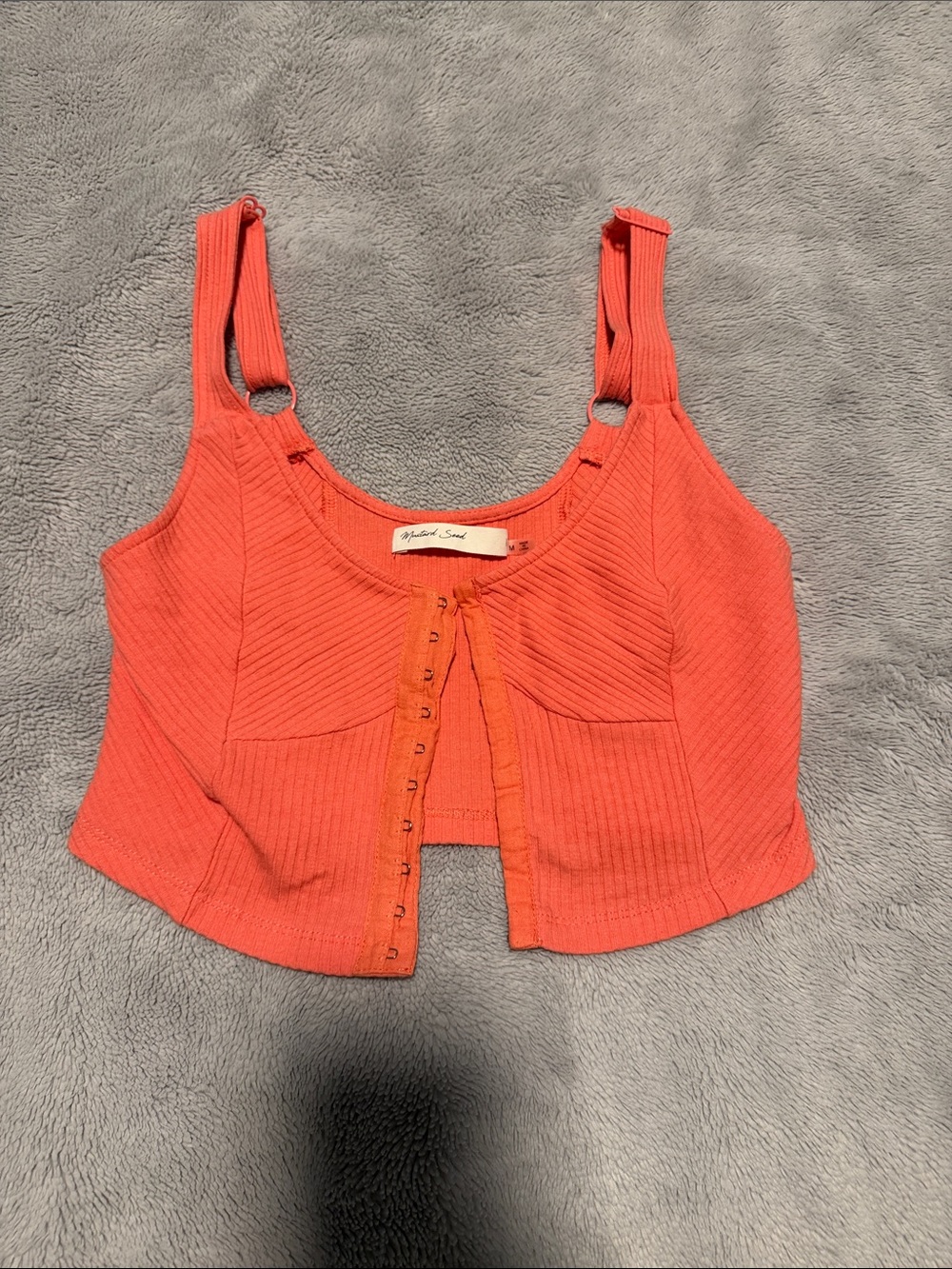 Mustard Seed Coral Ribbed Hook-and-Eye Cropped Tank